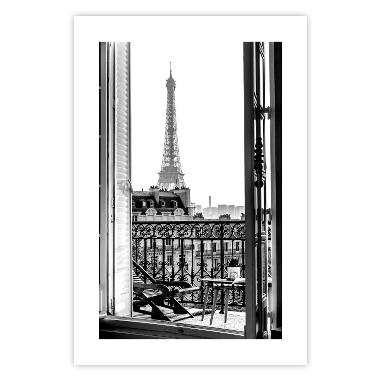 Poster Balcony View - black and white landscape view from a window overlooking the Eiffel Tower 132272 additionalImage 19