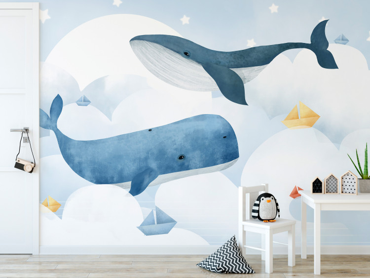 Photo Wallpaper Whales floating in the clouds - Colorful illustration with fish and ships 138372