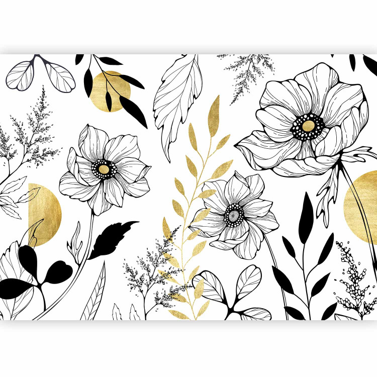 Photo Wallpaper Drawn meadow - lineart style flower motif with gold patterns 143072 additionalImage 1