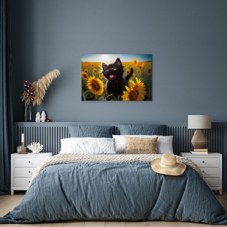 Canvas Print AI Cat - Black Animal Dancing in a Field of Sunflowers in a Sunny Glow - Horizontal 150172 additionalImage 3