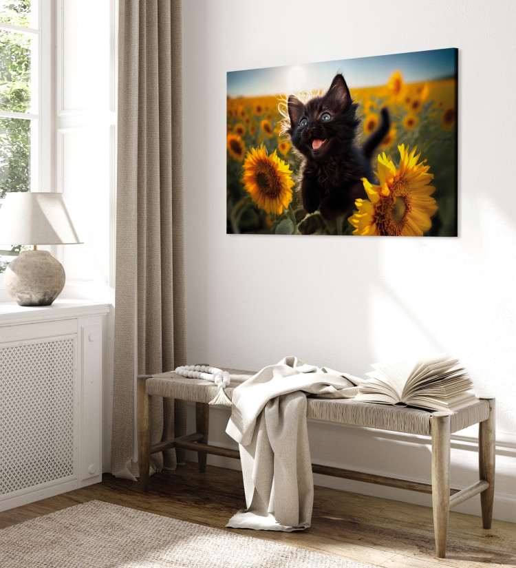 Canvas Print AI Cat - Black Animal Dancing in a Field of Sunflowers in a Sunny Glow - Horizontal 150172 additionalImage 4