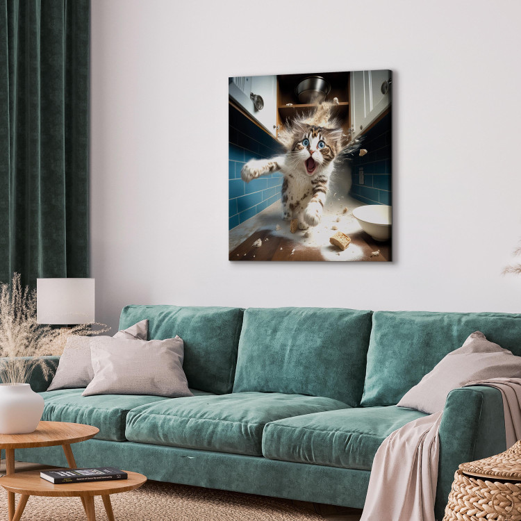 Canvas Print AI Cat - Animal Escaping From the Kitchen After Breaking Supplies - Square 150272 additionalImage 4