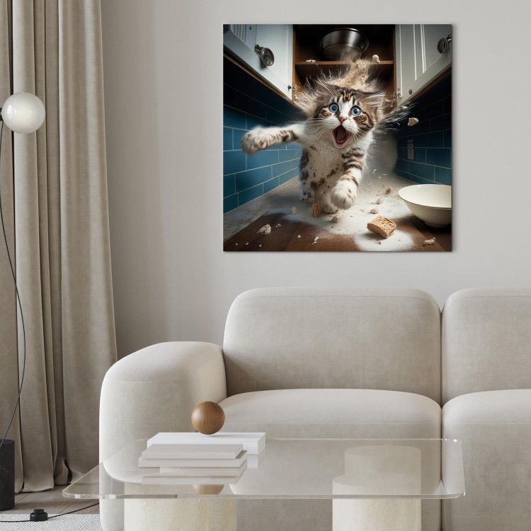 Canvas Print AI Cat - Animal Escaping From the Kitchen After Breaking Supplies - Square 150272 additionalImage 3