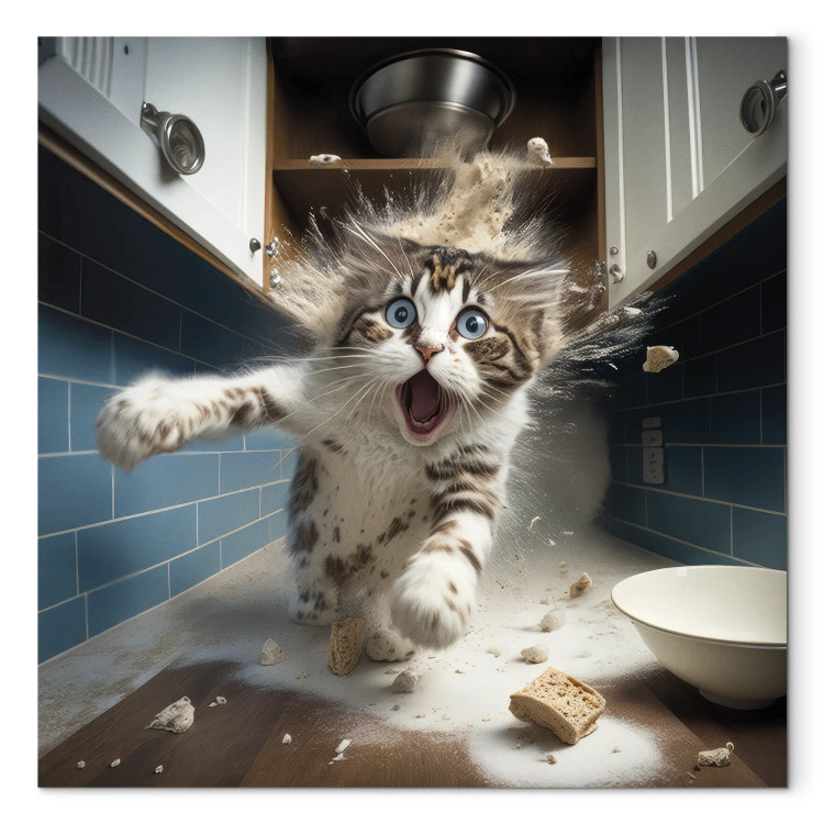 Canvas Print AI Cat - Animal Escaping From the Kitchen After Breaking Supplies - Square 150272 additionalImage 7