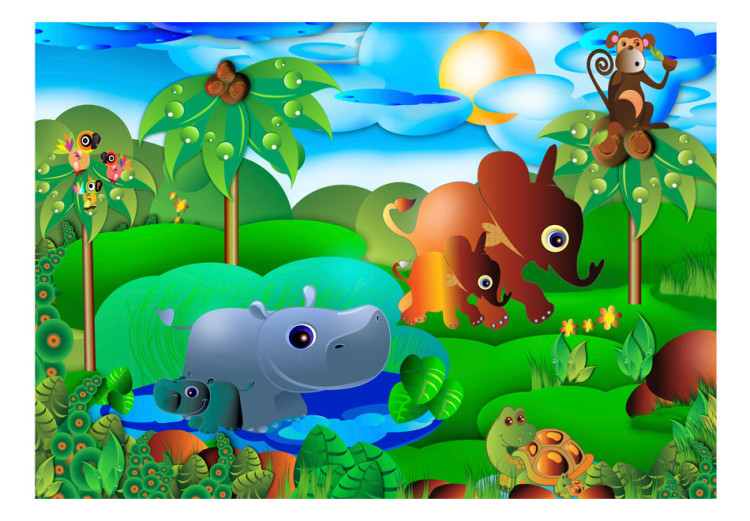 Photo Wallpaper Wild Animals in the Jungle - Elephant, monkey, turtle with trees for children 61172 additionalImage 1
