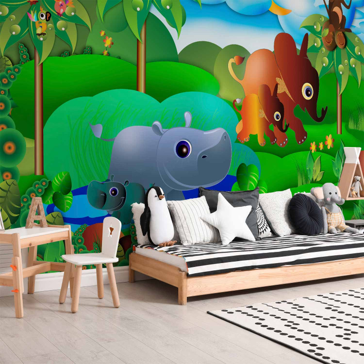 Photo Wallpaper Wild Animals in the Jungle - Elephant, monkey, turtle with trees for children 61172 additionalImage 8