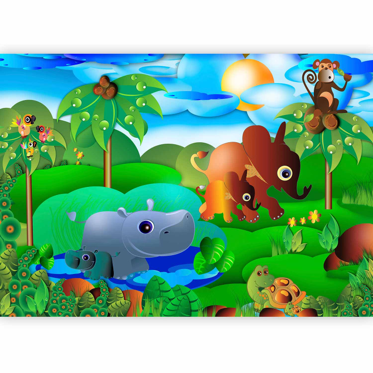 Photo Wallpaper Wild Animals in the Jungle - Elephant, monkey, turtle with trees for children 61172 additionalImage 1