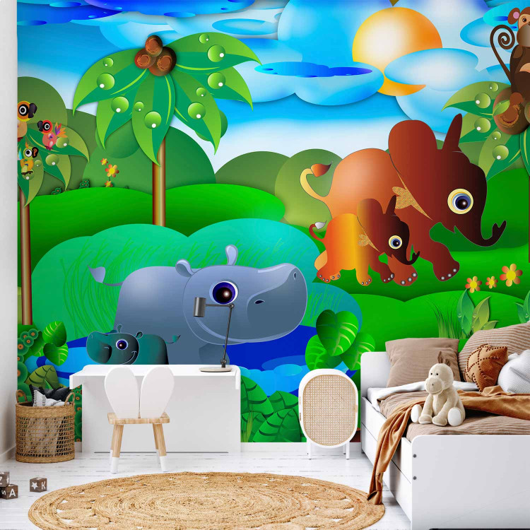 Photo Wallpaper Wild Animals in the Jungle - Elephant, monkey, turtle with trees for children 61172 additionalImage 6