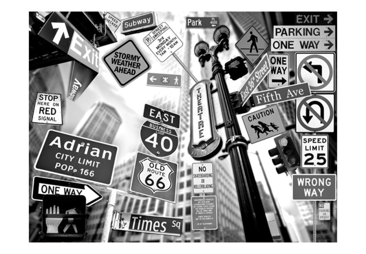 Photo Wallpaper New York - Black and White Theme of Traffic Signs against Architecture Background 61472 additionalImage 1