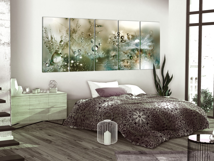 Canvas Art Print Fluffy Dandelions (5-piece) - Flowers with Water Droplets in Greenery 105182 additionalImage 3