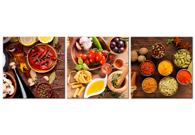 Canvas Print Wooden Base of Flavors (3-part) - Food in Colorful Presentation 122782