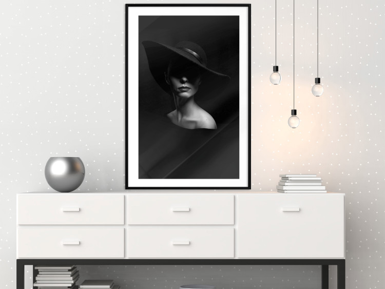 Wall Poster Mysterious Woman - black and white portrait of a woman with a large hat 123482 additionalImage 4