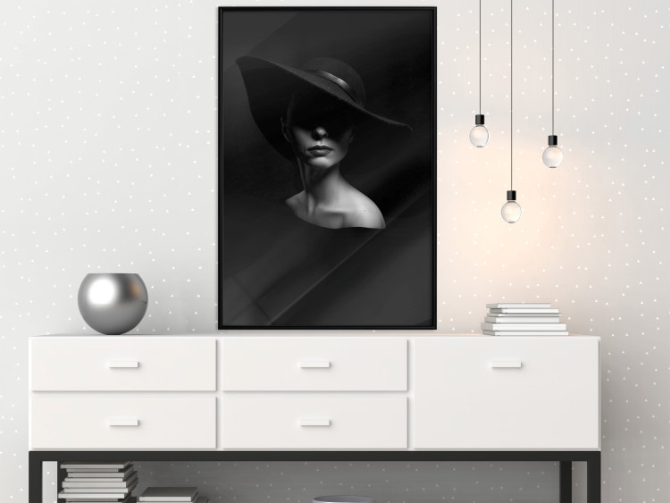 Wall Poster Mysterious Woman - black and white portrait of a woman with a large hat 123482 additionalImage 3