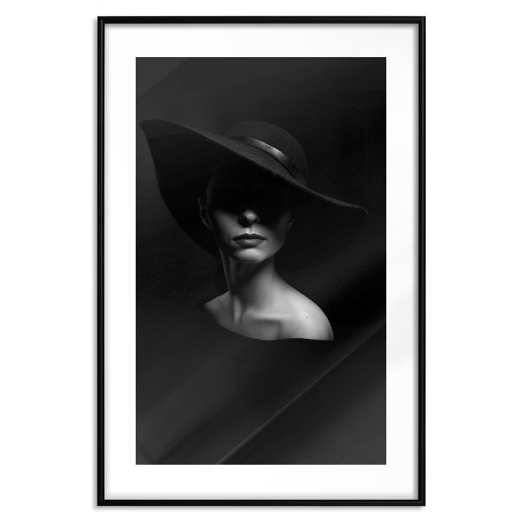 Wall Poster Mysterious Woman - black and white portrait of a woman with a large hat 123482 additionalImage 15
