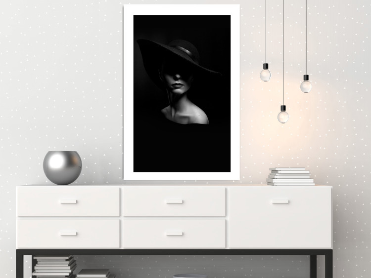 Wall Poster Mysterious Woman - black and white portrait of a woman with a large hat 123482 additionalImage 2