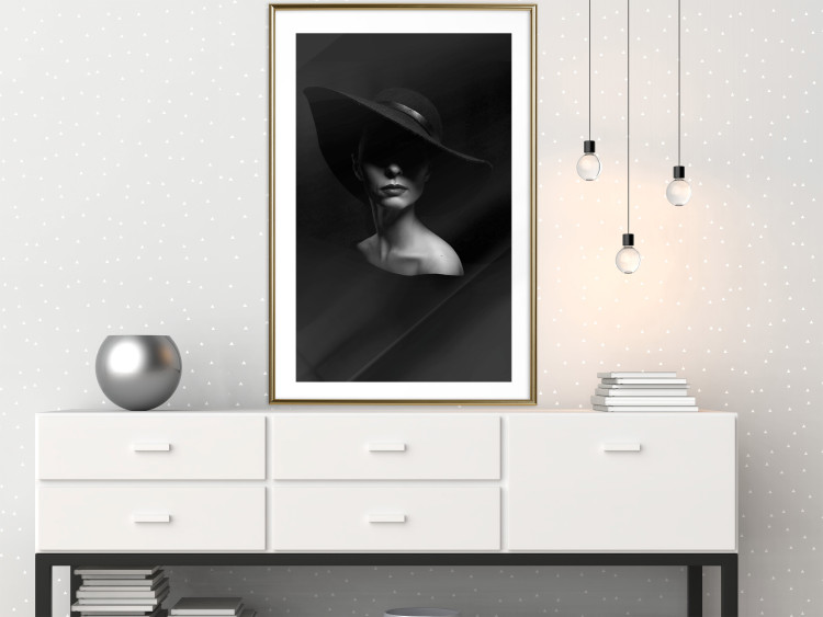 Wall Poster Mysterious Woman - black and white portrait of a woman with a large hat 123482 additionalImage 13