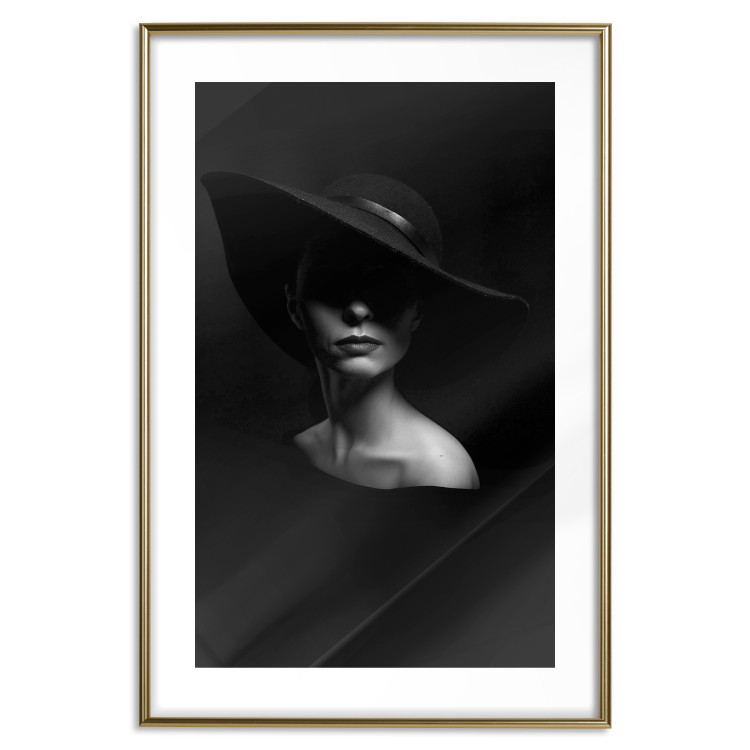 Wall Poster Mysterious Woman - black and white portrait of a woman with a large hat 123482 additionalImage 14