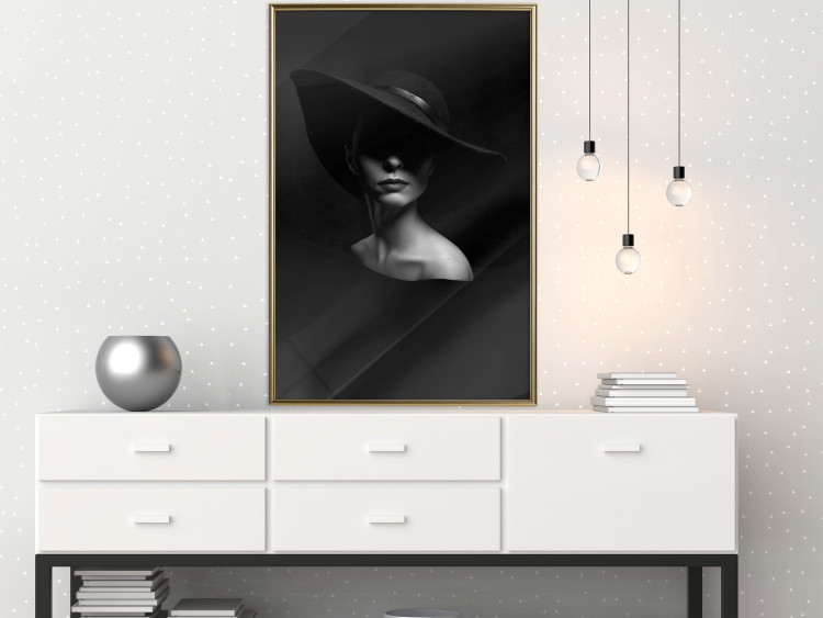 Wall Poster Mysterious Woman - black and white portrait of a woman with a large hat 123482 additionalImage 5