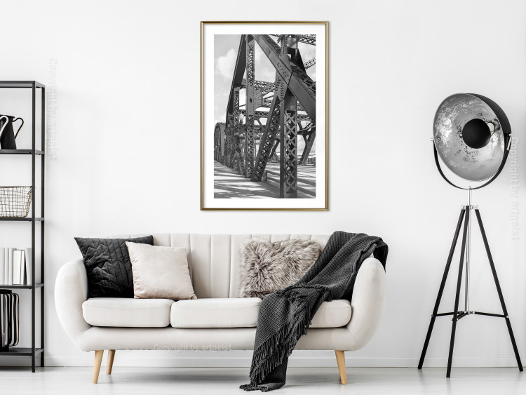 Wall Poster Morning Bridge - gray architecture of a metal bridge against a light background 129782 additionalImage 13