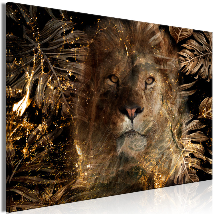 Canvas Print Golden Kingdom (1-piece) Wide - lion among exotic leaves 138282 additionalImage 2