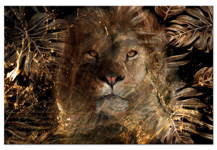 Canvas Print Golden Kingdom (1-piece) Wide - lion among exotic leaves 138282