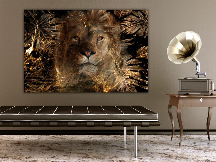 Canvas Print Golden Kingdom (1-piece) Wide - lion among exotic leaves 138282 additionalImage 3