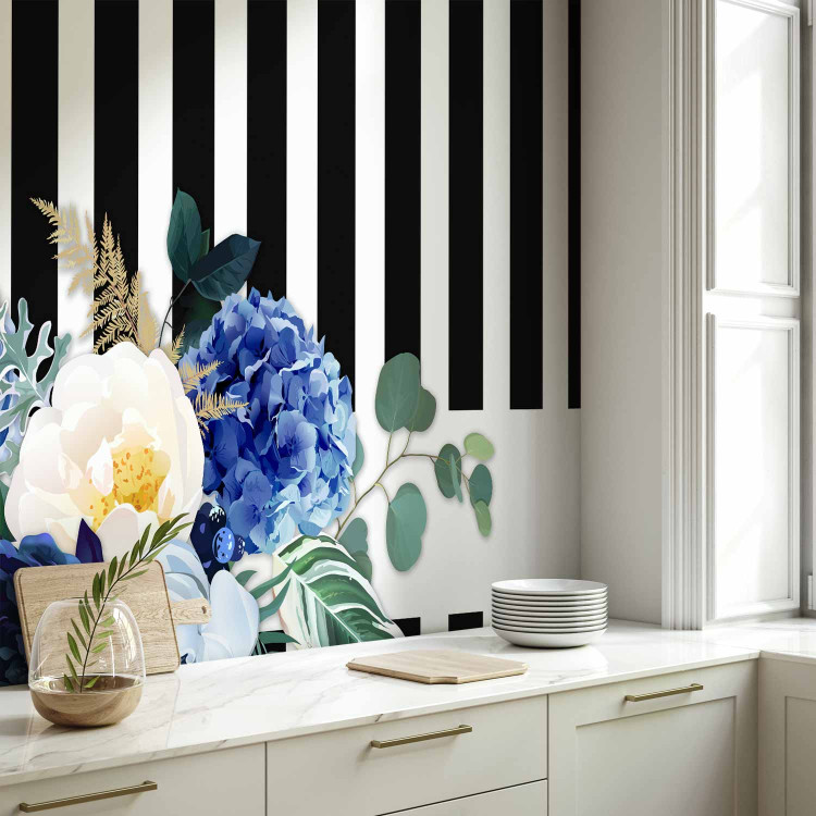 Photo Wallpaper Good pass - motif of blue flowers on a background of black and white stripes 143382 additionalImage 7
