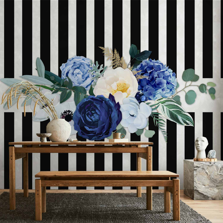 Photo Wallpaper Good pass - motif of blue flowers on a background of black and white stripes 143382 additionalImage 4