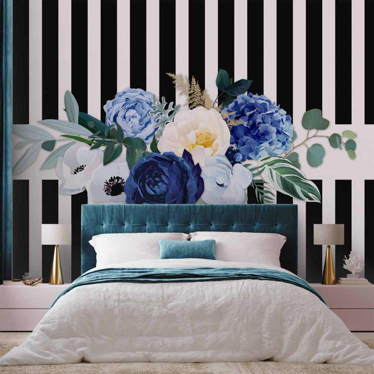 Photo Wallpaper Good pass - motif of blue flowers on a background of black and white stripes 143382 additionalImage 2