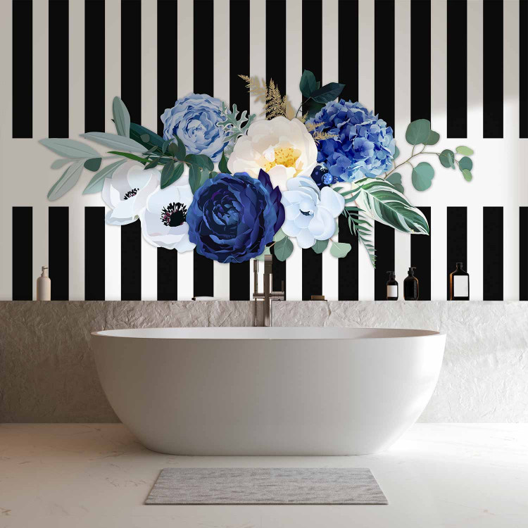 Photo Wallpaper Good pass - motif of blue flowers on a background of black and white stripes 143382 additionalImage 8
