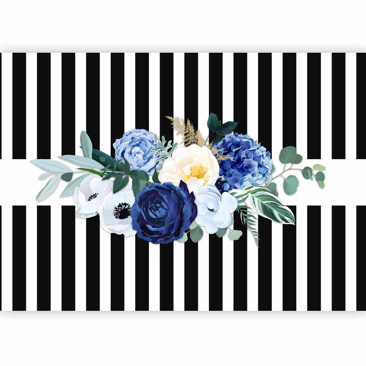 Photo Wallpaper Good pass - motif of blue flowers on a background of black and white stripes 143382 additionalImage 1