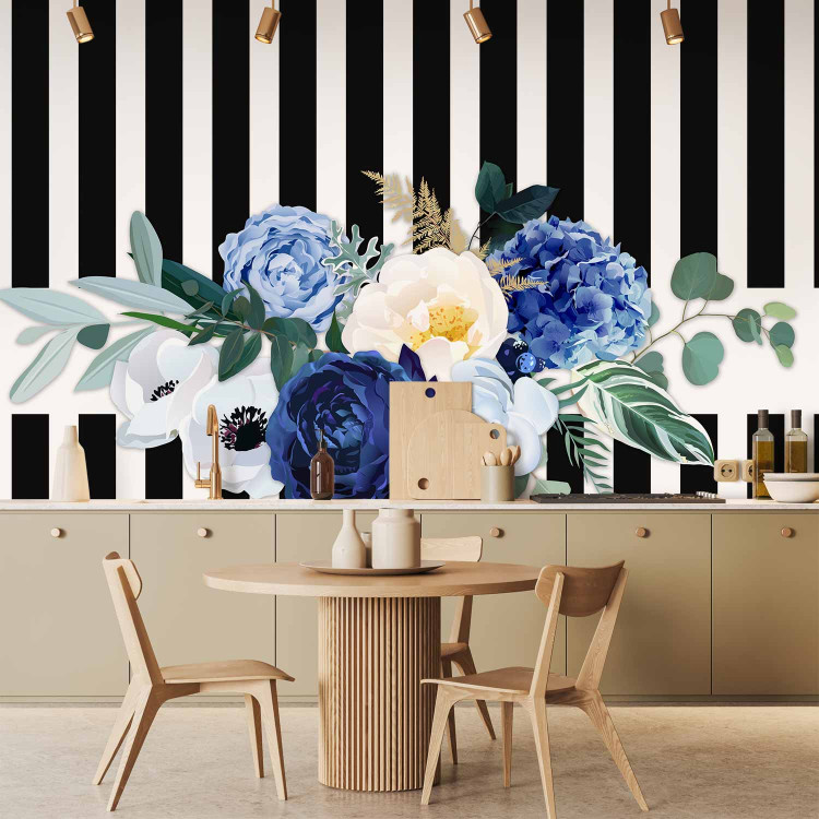 Photo Wallpaper Good pass - motif of blue flowers on a background of black and white stripes 143382 additionalImage 6
