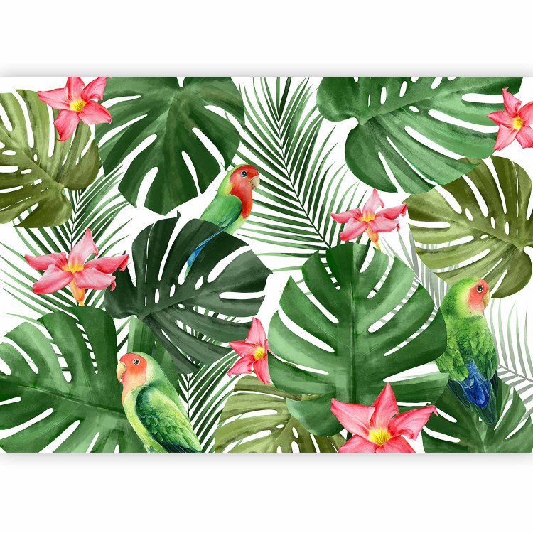 Photo Wallpaper Monstera - green exotic leaves and colourful parrots among flowers 144682 additionalImage 1