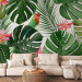 Photo Wallpaper Monstera - green exotic leaves and colourful parrots among flowers 144682