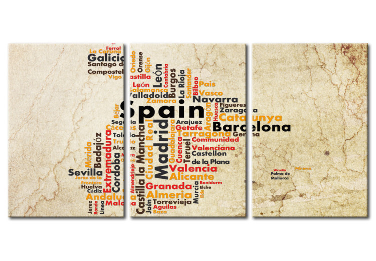 Canvas Print Map of Spain - borders formed from city names in national colors 55282
