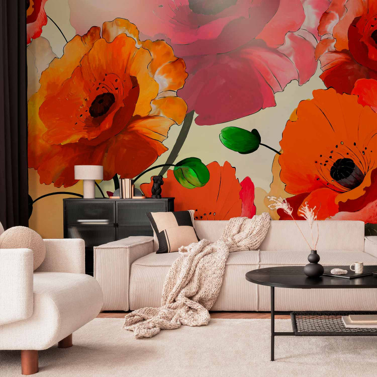Wall Mural Velvety Poppies - Artistic Shot of Flowers in Energetic Colours 60382
