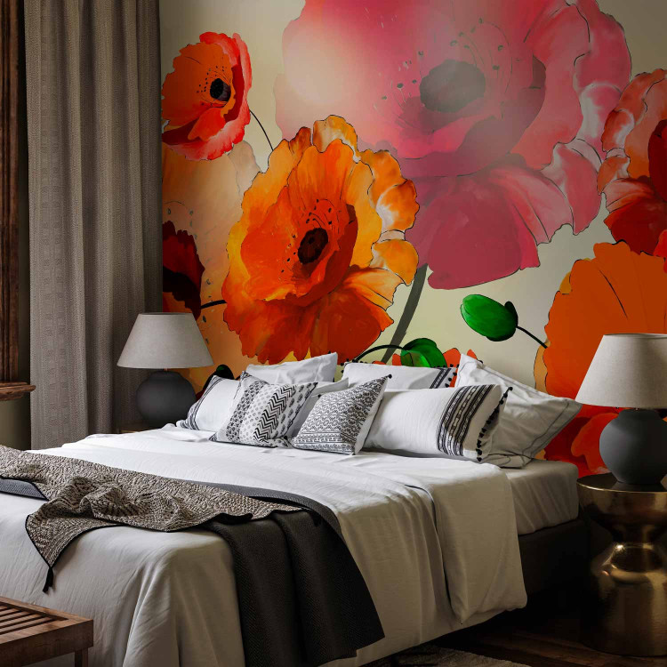 Wall Mural Velvety Poppies - Artistic Shot of Flowers in Energetic Colours 60382 additionalImage 2