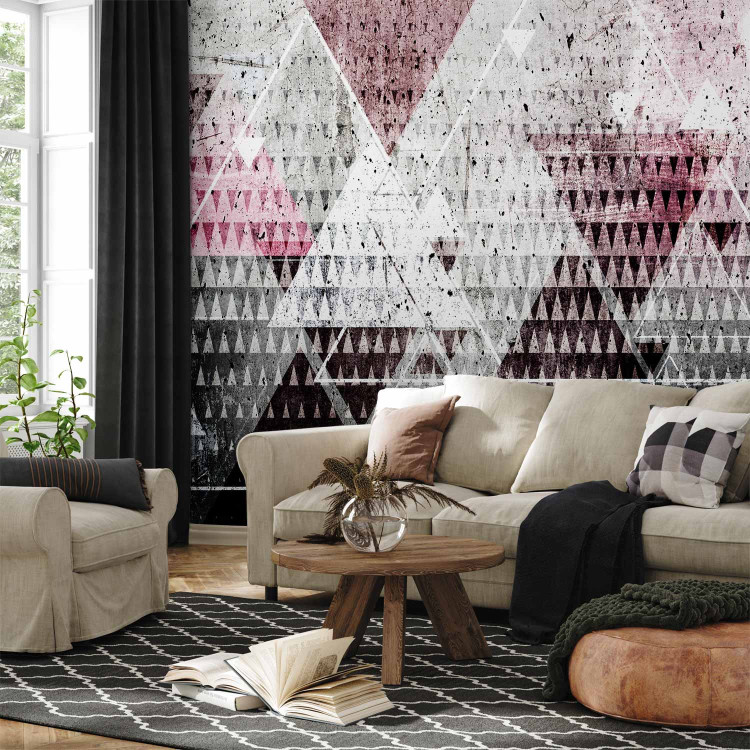 Wall Mural Triangles - geometric composition in various colours on a concrete background 107692
