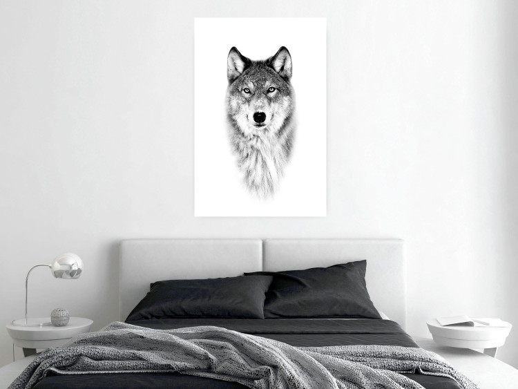 Wall Poster Snowy Wolf - black and white portrait of a wolf on a bright contrasting background 126292 additionalImage 2