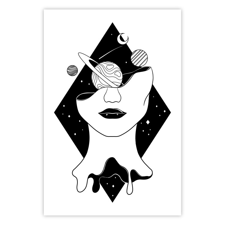 Wall Poster Cosmos in Mind - abstract black portrait of woman with planets 128492