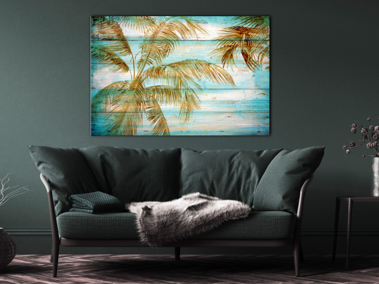 Canvas Art Print Palms in Gold (1-piece) - warm landscape with palm trees and boards in the background 142692 additionalImage 3