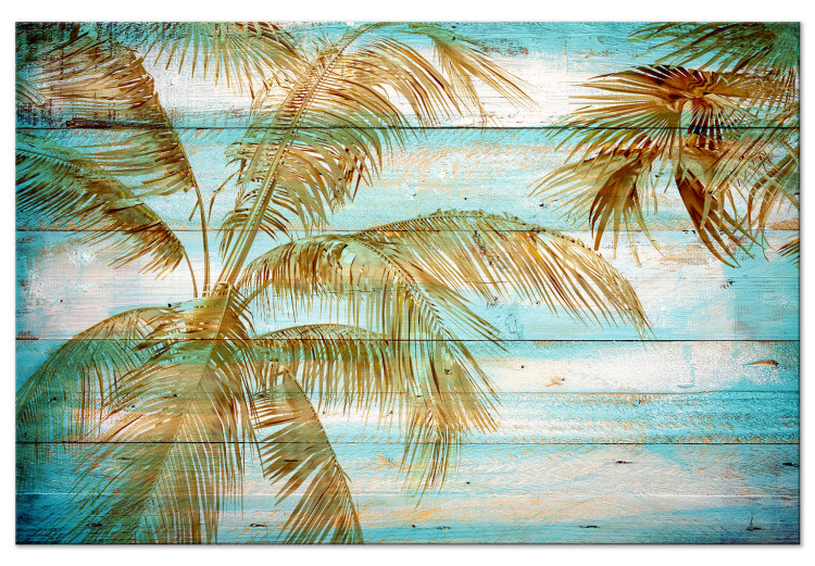 Canvas Art Print Palms in Gold (1-piece) - warm landscape with palm trees and boards in the background 142692