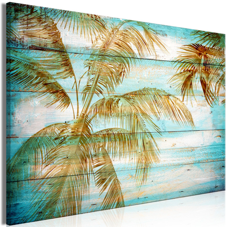 Canvas Art Print Palms in Gold (1-piece) - warm landscape with palm trees and boards in the background 142692 additionalImage 2