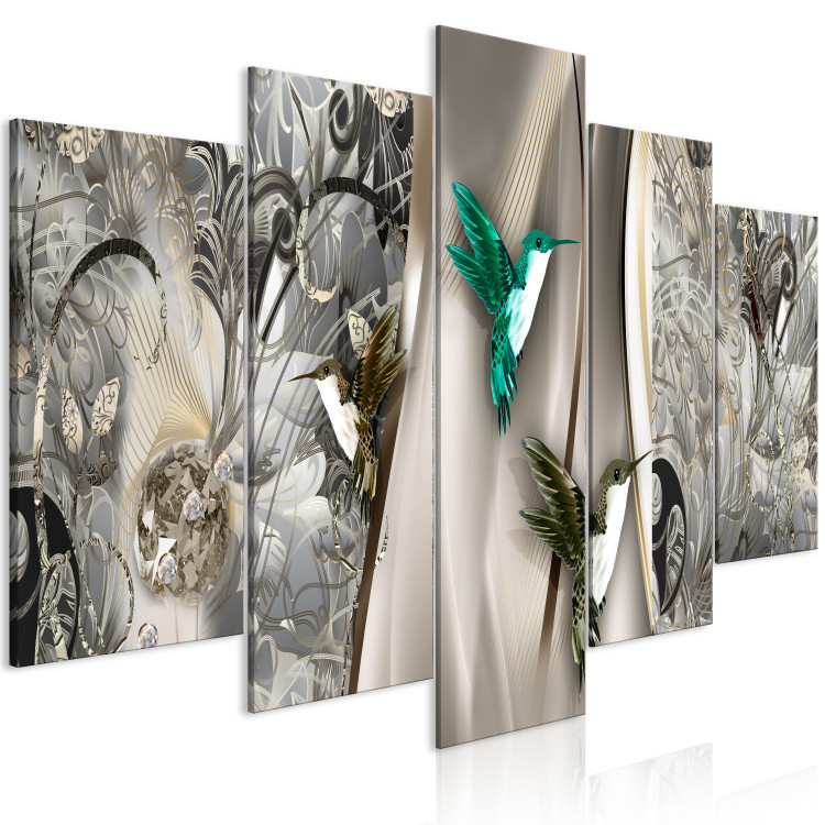 Canvas Hummingbirds in the Garden (5-piece) Wide - birds in gilded abstraction 143392 additionalImage 2