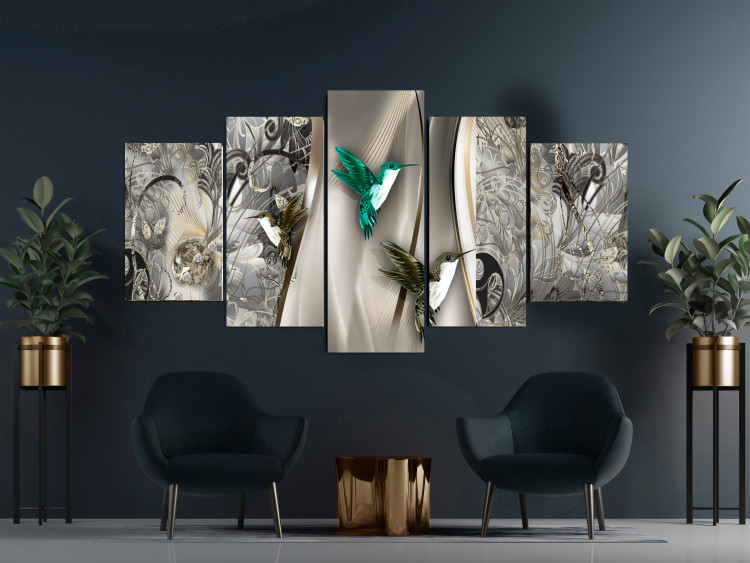 Canvas Hummingbirds in the Garden (5-piece) Wide - birds in gilded abstraction 143392 additionalImage 3