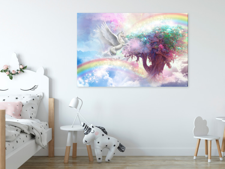 Canvas Art Print Unicorn and Magic Tree - Fairy-Tale and Rainbow Land in the Clouds 148792 additionalImage 3