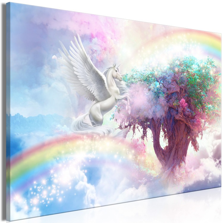 Canvas Art Print Unicorn and Magic Tree - Fairy-Tale and Rainbow Land in the Clouds 148792 additionalImage 2