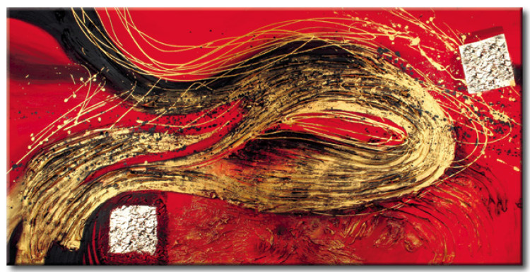 Canvas Print Abstraction (1-piece) - Golden fantasy with waves on a red background 47992