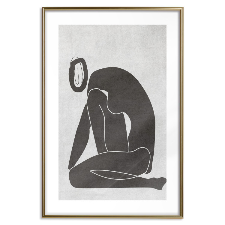 Poster Figure in Contemplation - dark silhouette of a kneeling woman on a gray background 134203 additionalImage 14