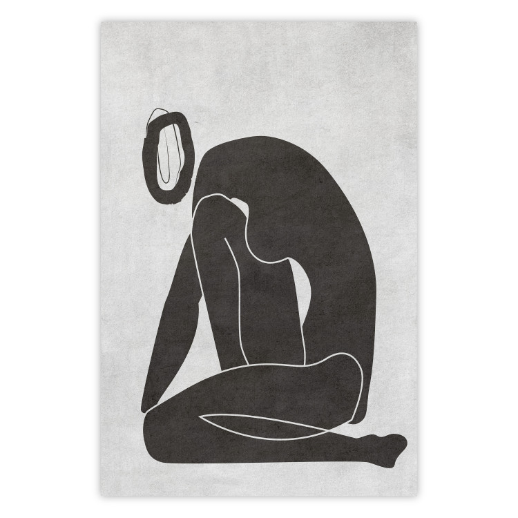 Poster Figure in Contemplation - dark silhouette of a kneeling woman on a gray background 134203